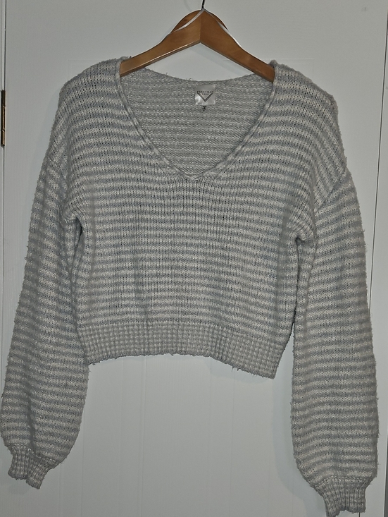 Freshman 1996 Sweaters - Striped Light Gray V-Neck Sweater - Women's Knit Pullover